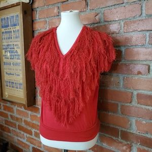 Vintage 80s Red Long Fringe Top V Neck T Shirts Me